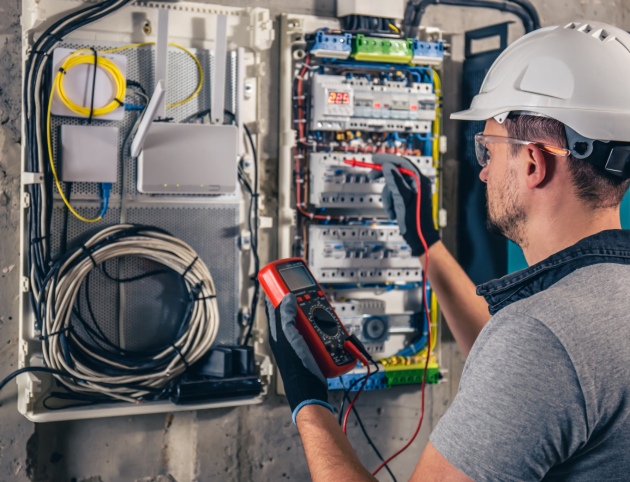 Man, an electrical technician working in a switchboard with fuses. Installation and connection of electrical equipment. Professional uses a tablet.